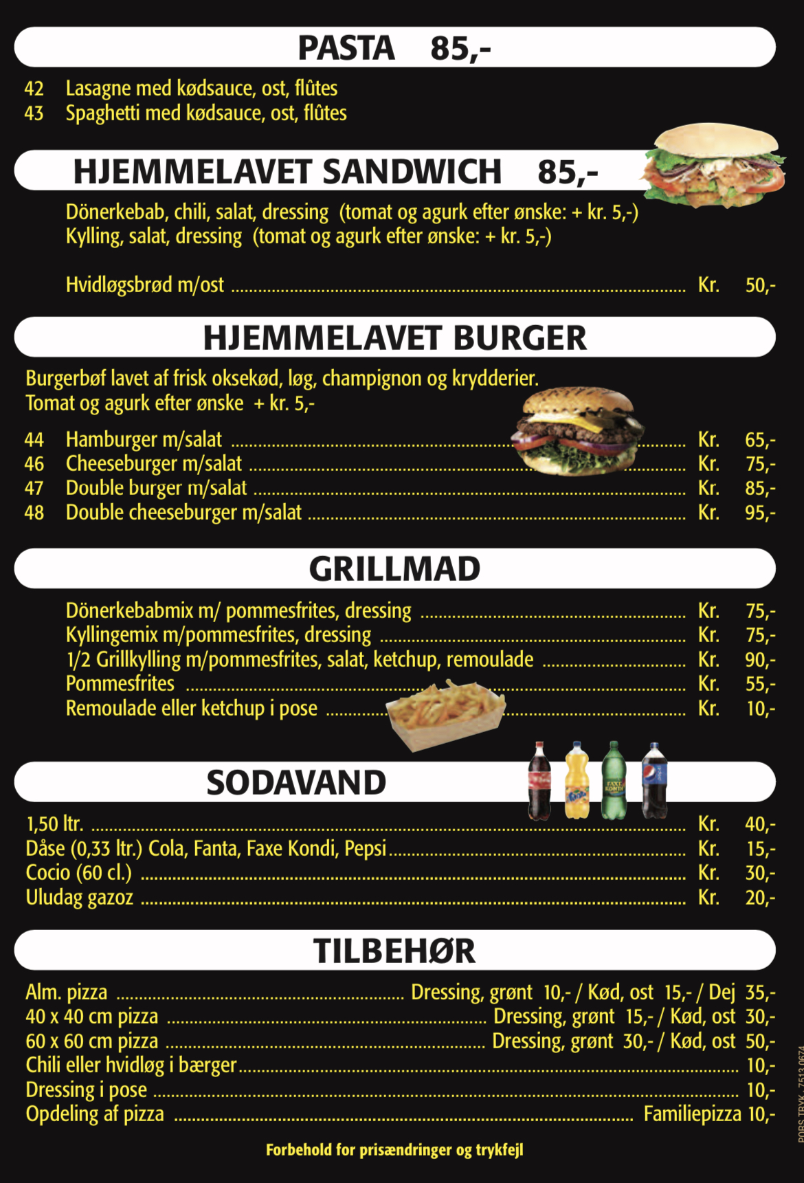 Pasta, sandwich, burger, grillmad, sodavand & tilbehørs menu