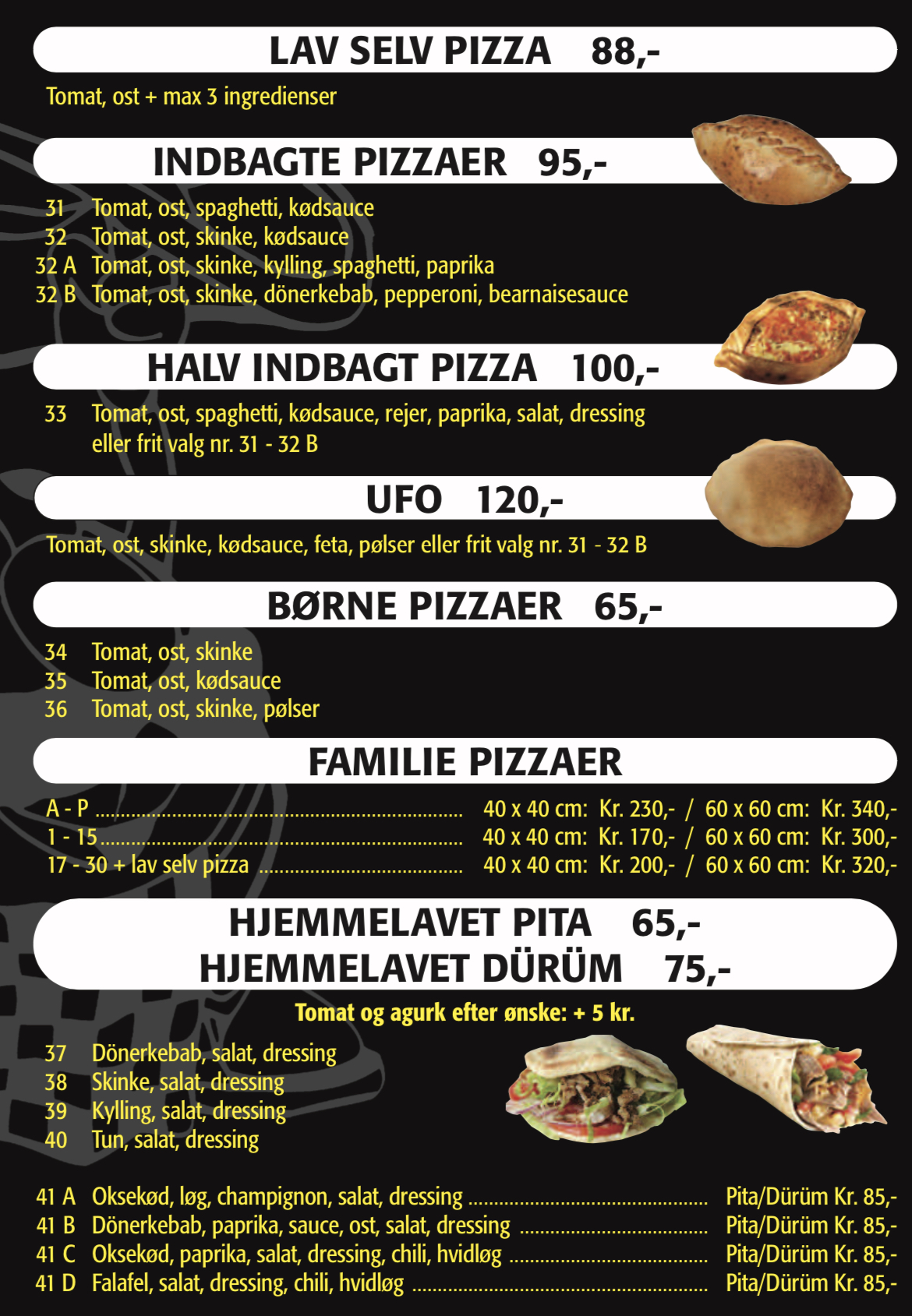 Indbagte-, familie- & børnepizzaer, UFO & dürüm menu